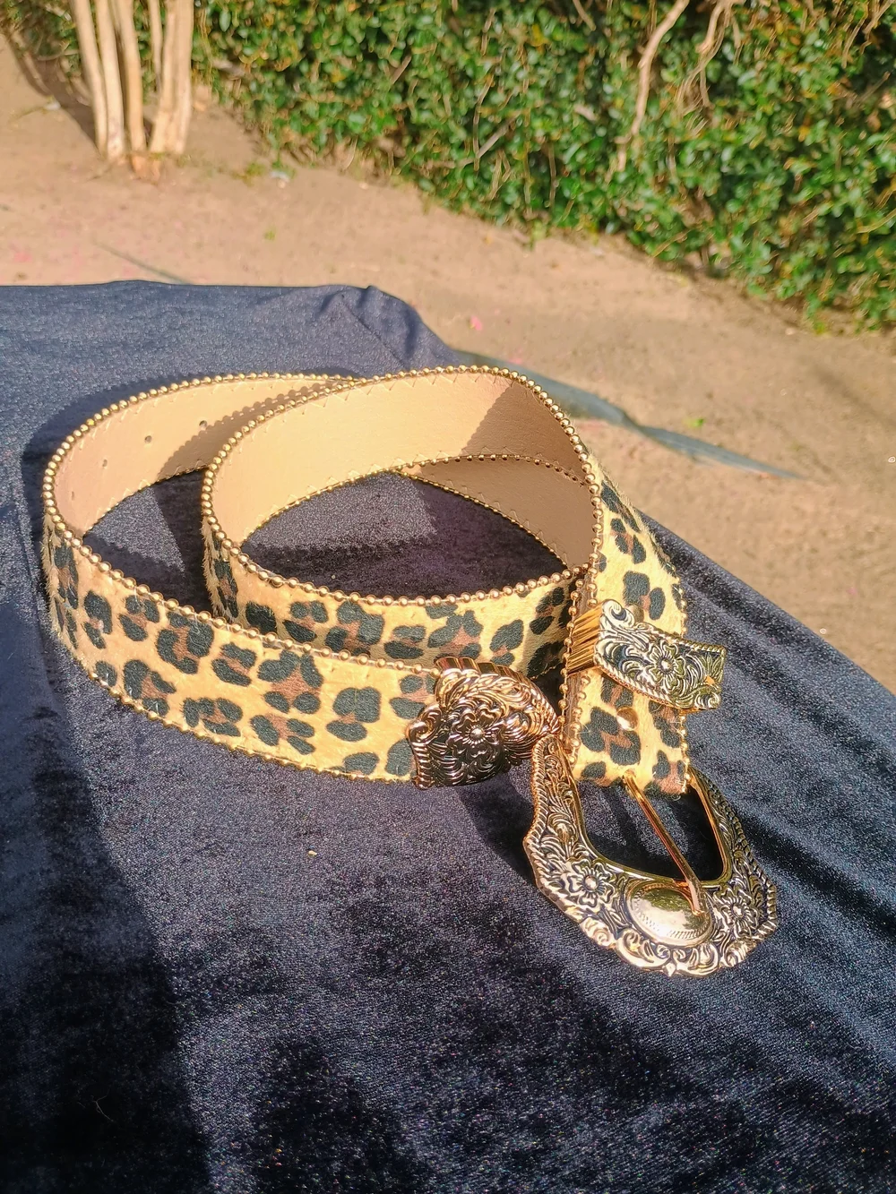 Leopard Print Women's Belt with Ornate Gold Buckle